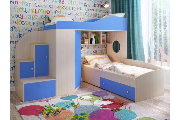 Кровать-чердак для детей Кадет 2 Дуб молочный, голубой