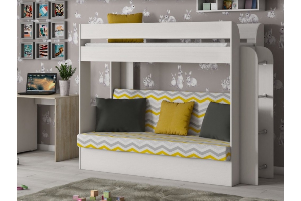 Двухъярусная кровать с диваном Карамель 75 бодега светлый-желтые зигзаги