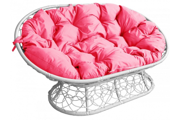 Диван Мамасан с ротангом каркас белый-подушка розовая