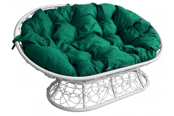 Диван Мамасан с ротангом каркас белый-подушка зелёная