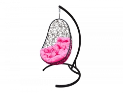 Подвесное кресло Кокон Овал ротанг каркас чёрный-подушка розовая