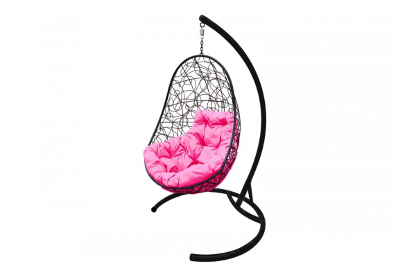 Подвесное кресло Кокон Овал ротанг каркас чёрный-подушка розовая