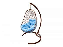 Подвесное кресло Кокон Овал ротанг каркас коричневый-подушка голубая