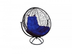 Кресло Кокон Круглый вращающийся ротанг каркас чёрный-подушка синяя